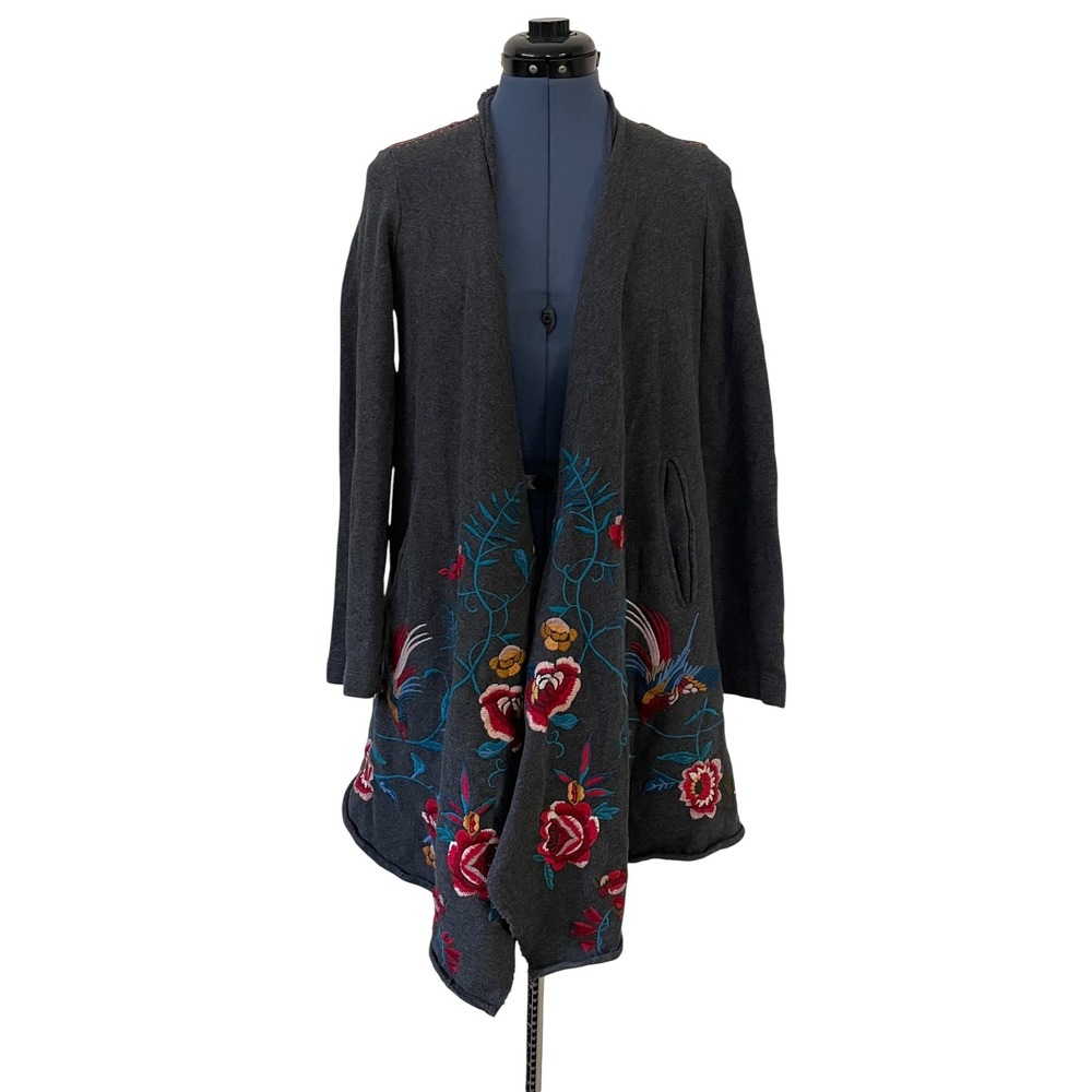 Johnny Was JW LA Gray Floral Bird Embroidered Draped Cardigan Sweater Boho XS